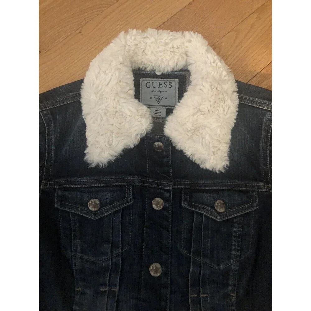 Guess Los Angeles Girls Faux Shearling Collar Denim Jacket Size M Excellent Cond